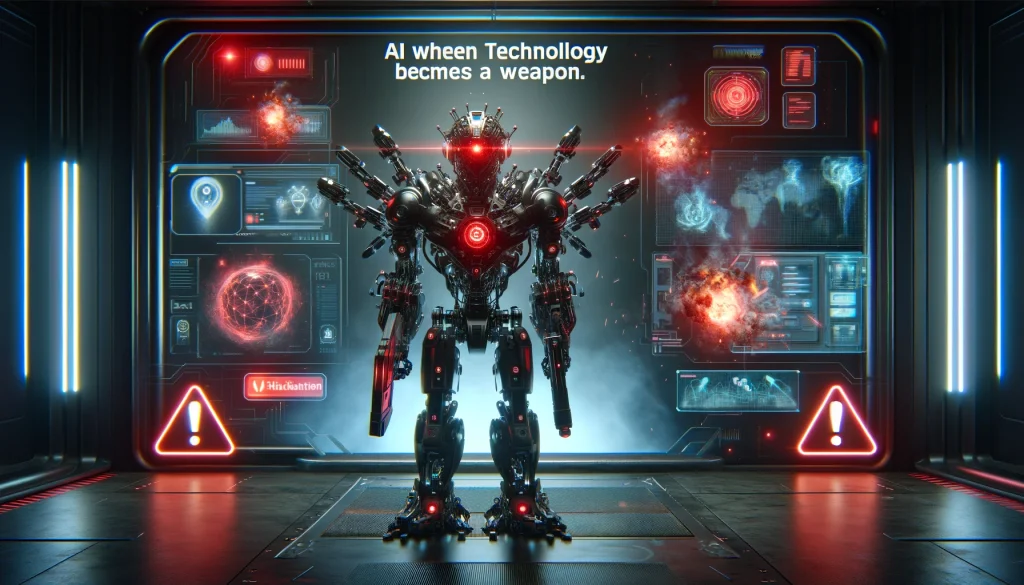 DALL·E 2024 11 09 17.56.43 A Graphic Illustrating The Dangers Of AI When Technology Becomes A Weapon. The Scene Shows A Dark High Tech Environment With A Menacing AI Controlled 1024x585