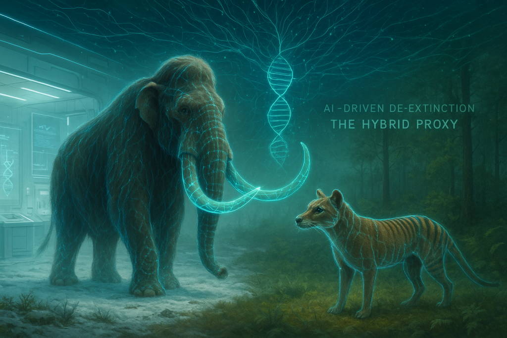 การบรรจบกันของ AI และเทคโนโลยีฟื้นคืนชีพสิ่งมีชีวิต: การประเมินความเป็นไปได้เชิงพันธุวิศวกรรม ผลกระทบทางนิเวศวิทยา และกรอบจริยธรรม ChatGPT Image 5 ต.ค. 2568 18 19 47 1024x683