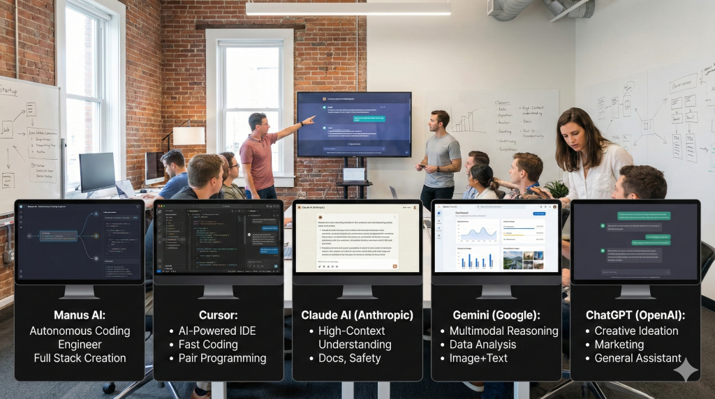 การเปรียบเทียบเครื่องมือ AI สำหรับการพัฒนาแอปพลิเคชัน Startup: Manus AI, Cursor, Claude AI, Gemini และ ChatGPT Gemini Generated Image 2dvnch2dvnch2dvn 1024x572