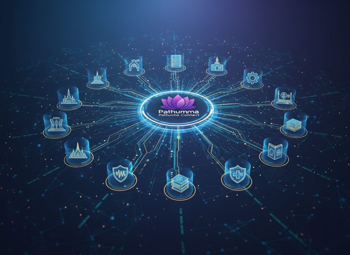 ภาพกราฟิกแสดงเครือข่ายเชื่อมโยงข้อมูลภาครัฐไทยด้วย Pathumma Connect