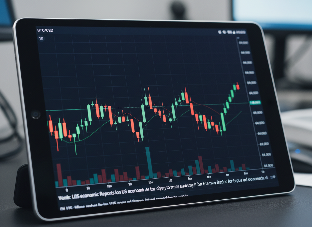 หน้าจอแสดงผลกราฟเทคนิค Bitcoin และข้อมูลเศรษฐกิจสหรัฐฯ
