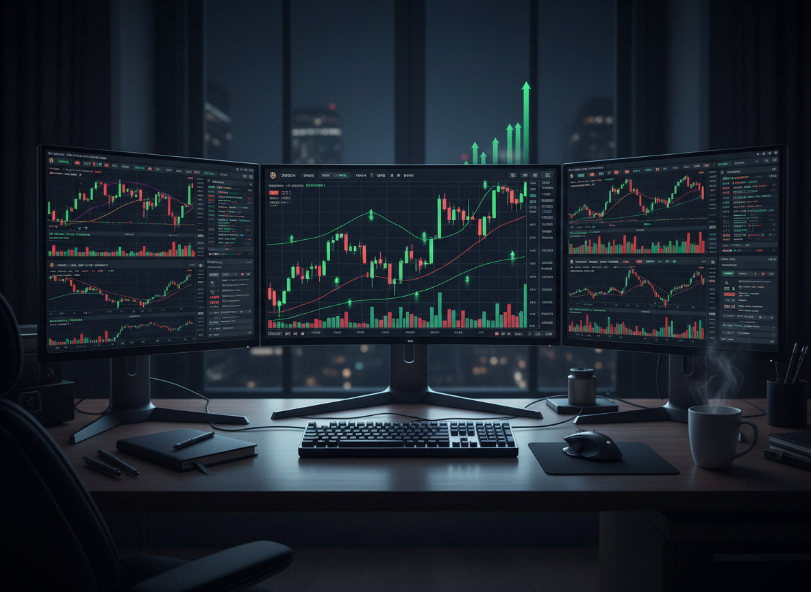 หน้าจอเทรดหุ้นและคริปโตแสดงกราฟราคา Bitcoin ขาขึ้น