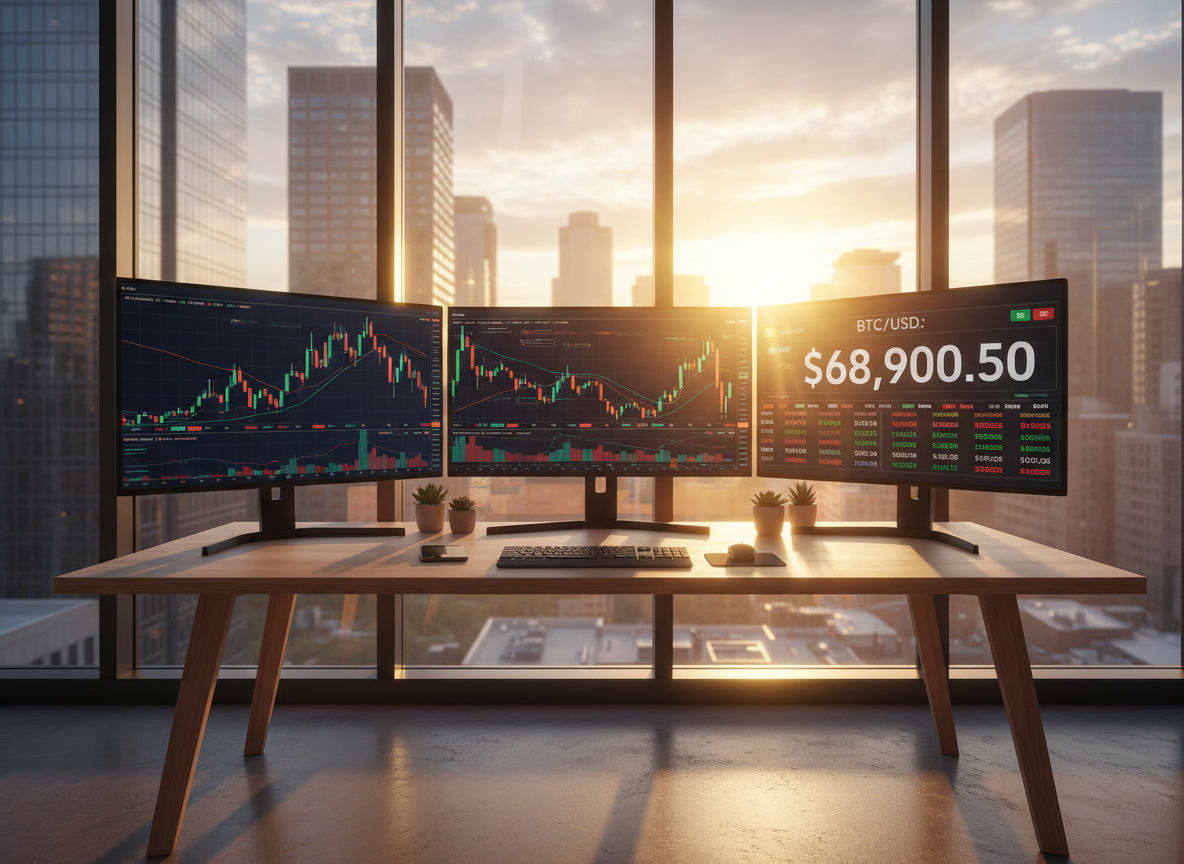 หน้าจอเทรด Bitcoin และข้อมูลตลาดคริปโตเคอร์เรนซี