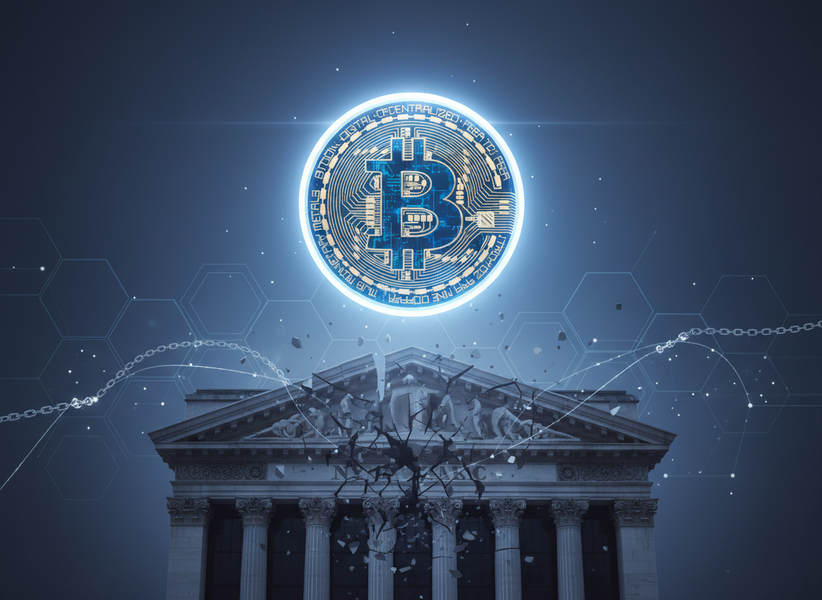ภาพเชิงสัญลักษณ์แสดงการแยกตัวของ Bitcoin ออกจากตลาดหุ้นดั้งเดิม
