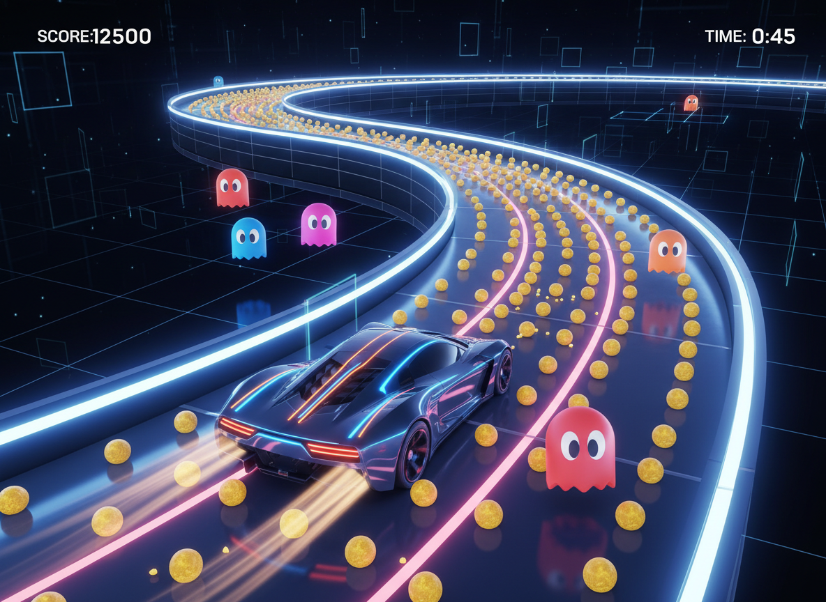 ภาพบรรยากาศการร่วมมือกันระหว่างเกมแข่งรถและแพ็กแมน