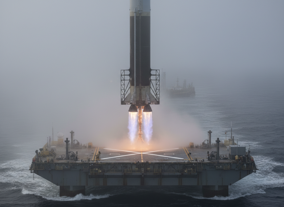 บูสเตอร์จรวด SpaceX B1067 ลงจอดบนโดรนชิปกลางมหาสมุทร