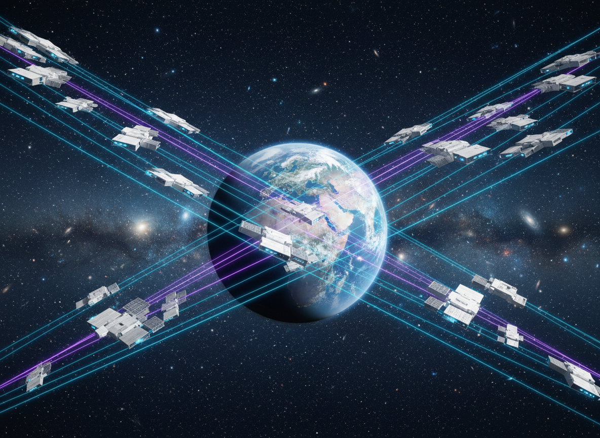 เครือข่ายดาวเทียม Starlink วงโคจรต่ำรอบโลกแสดงการเชื่อมต่อข้อมูล