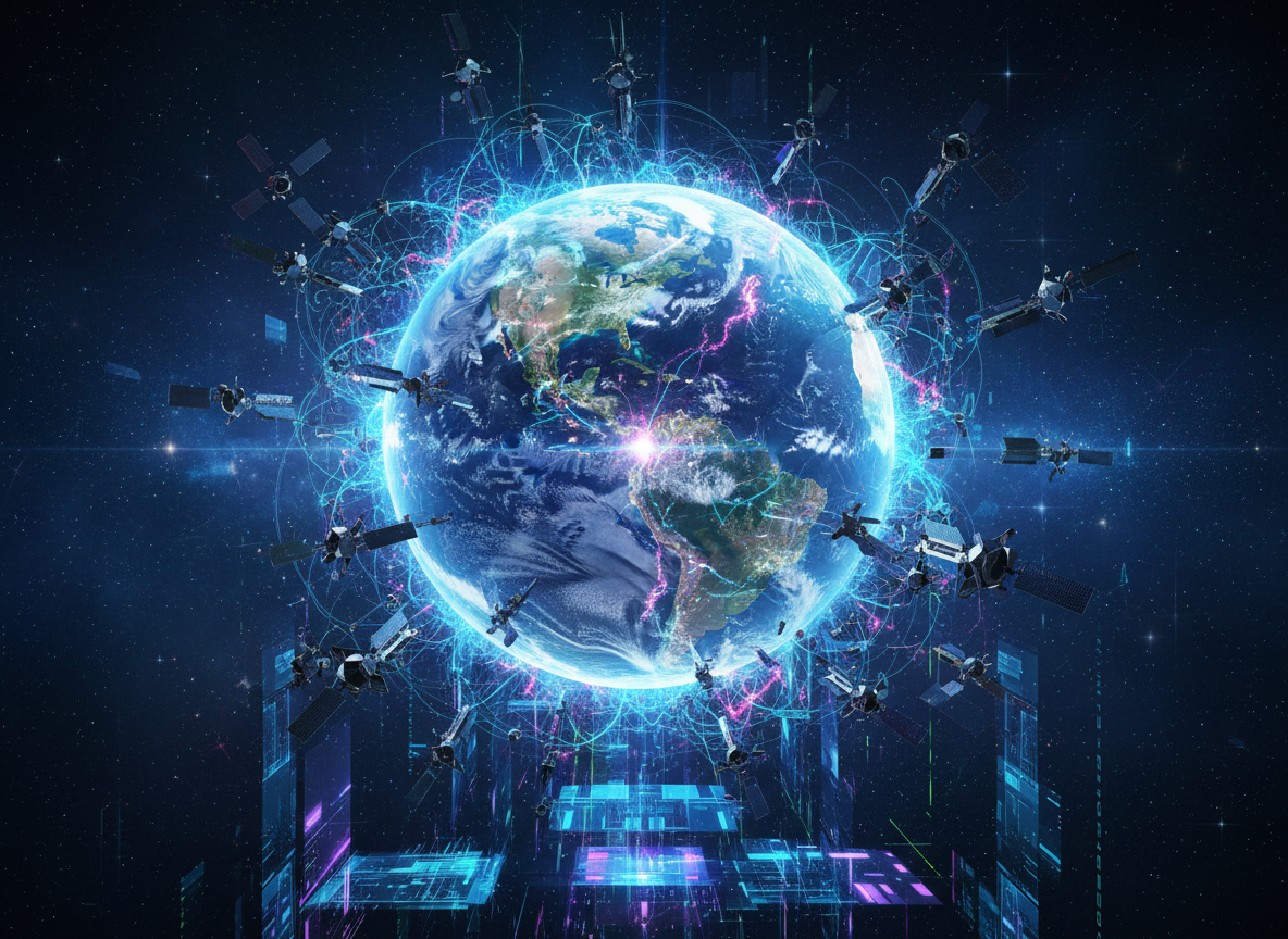 กราฟิกแสดงเครือข่ายดาวเทียม Starlink และการเชื่อมต่อด้วย AI ทั่วโลก