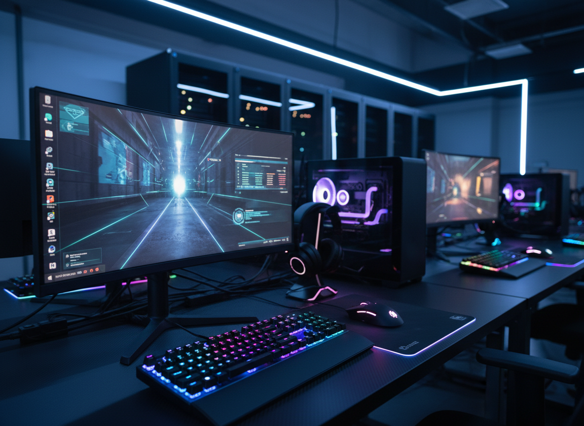 อุปกรณ์เกมมิ่งระดับมืออาชีพในห้องซ้อมนักกีฬาอีสปอร์ตที่ทันสมัย