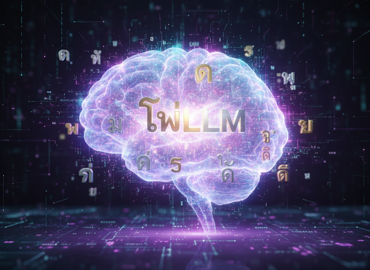 ภาพกราฟิกตัวอักษรไทยในระบบประมวลผลคลาวด์สื่อถึงโครงการ ThaiLLM