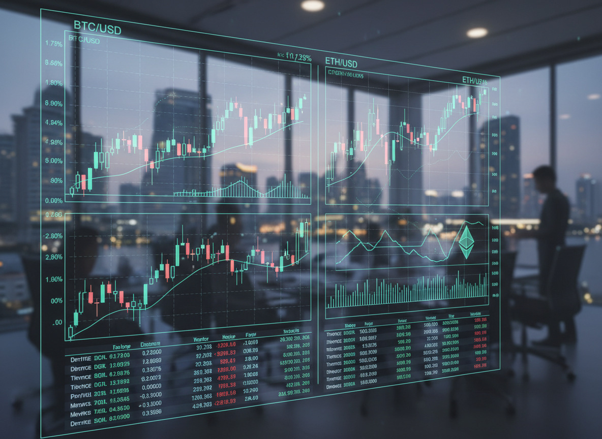 หน้าจอแสดงกราฟการเทรดคริปโตเคอร์เรนซี BTC และ ETH