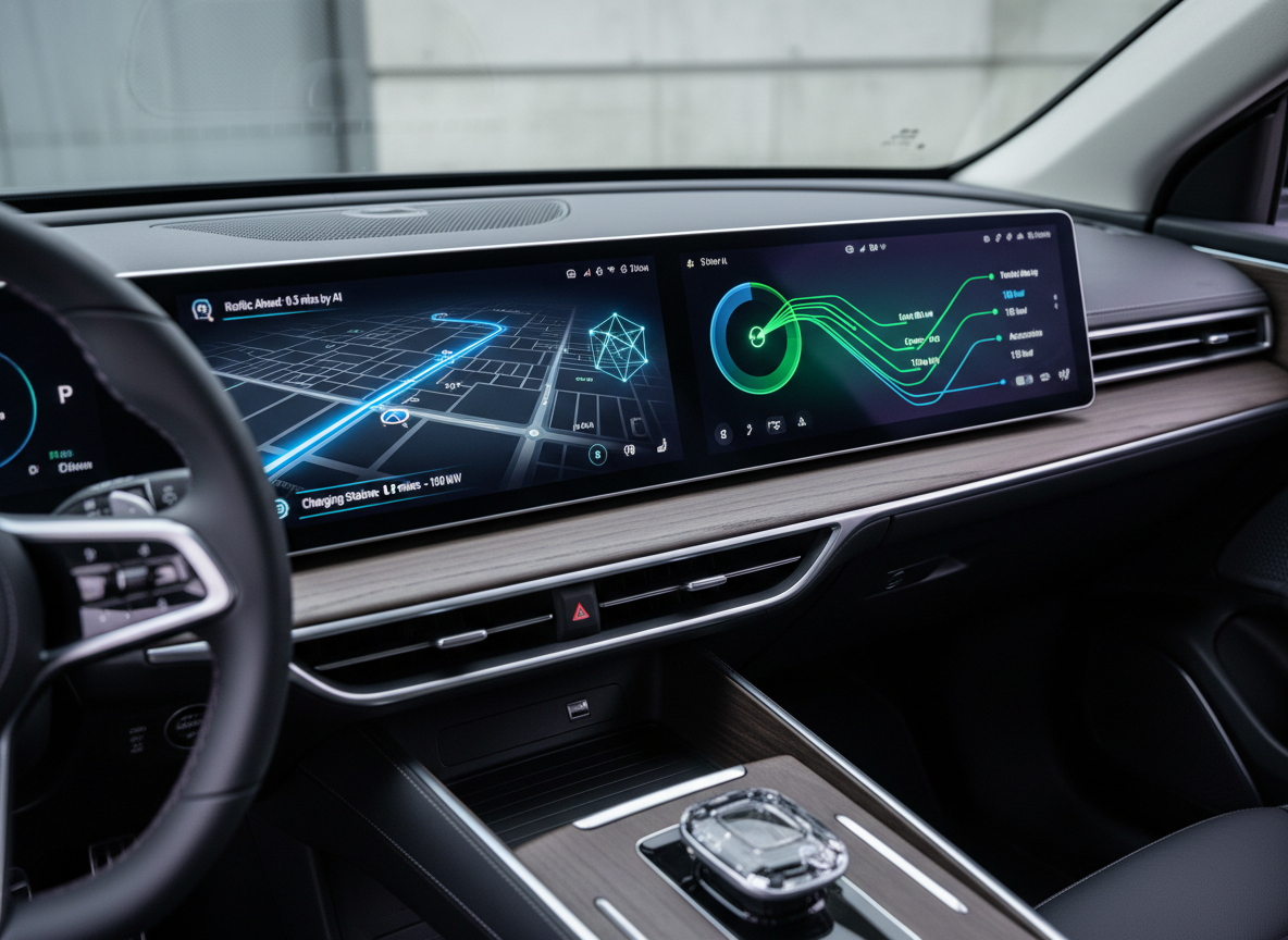 หน้าจอแผงคอนโซลอัจฉริยะภายในรถยนต์ EV แสดงระบบ AI ช่วยขับขี่
