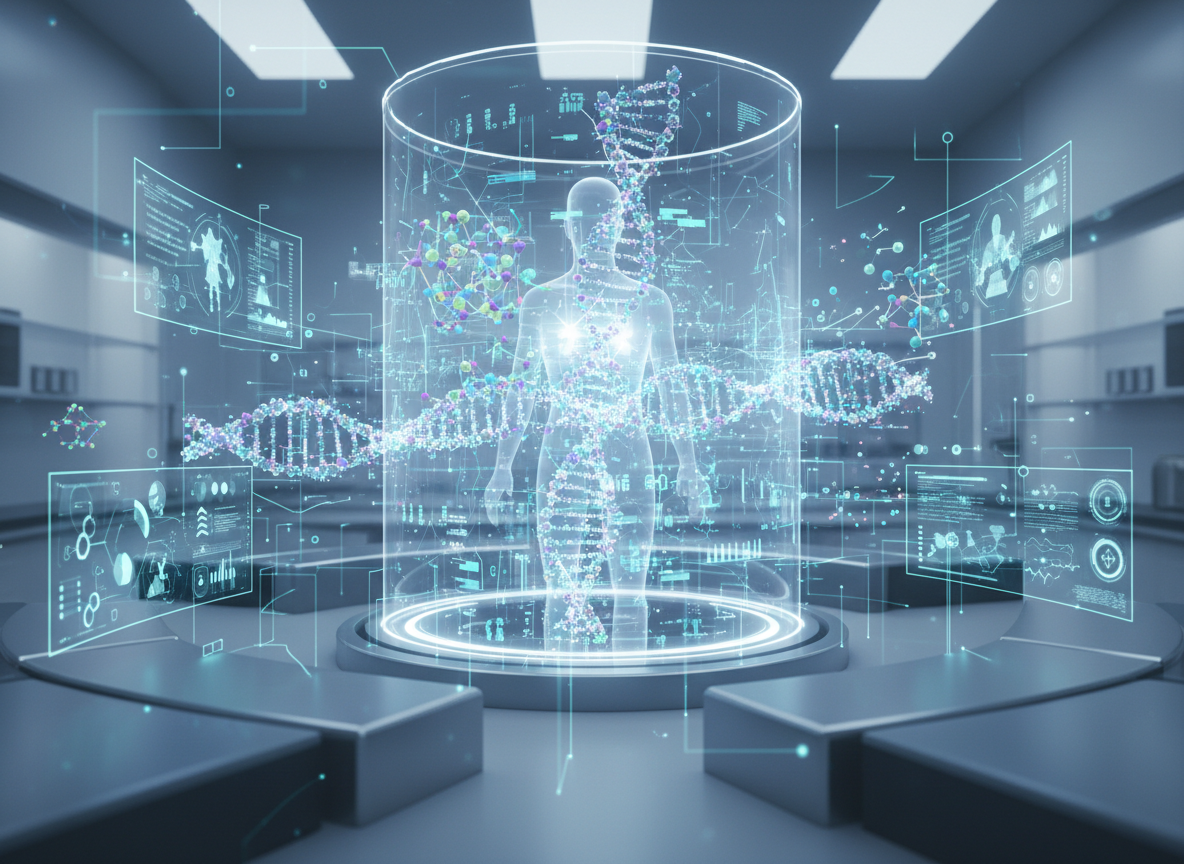 ภาพจำลอง AI กำลังวิเคราะห์ข้อมูลทางการแพทย์และชีวโมเลกุล