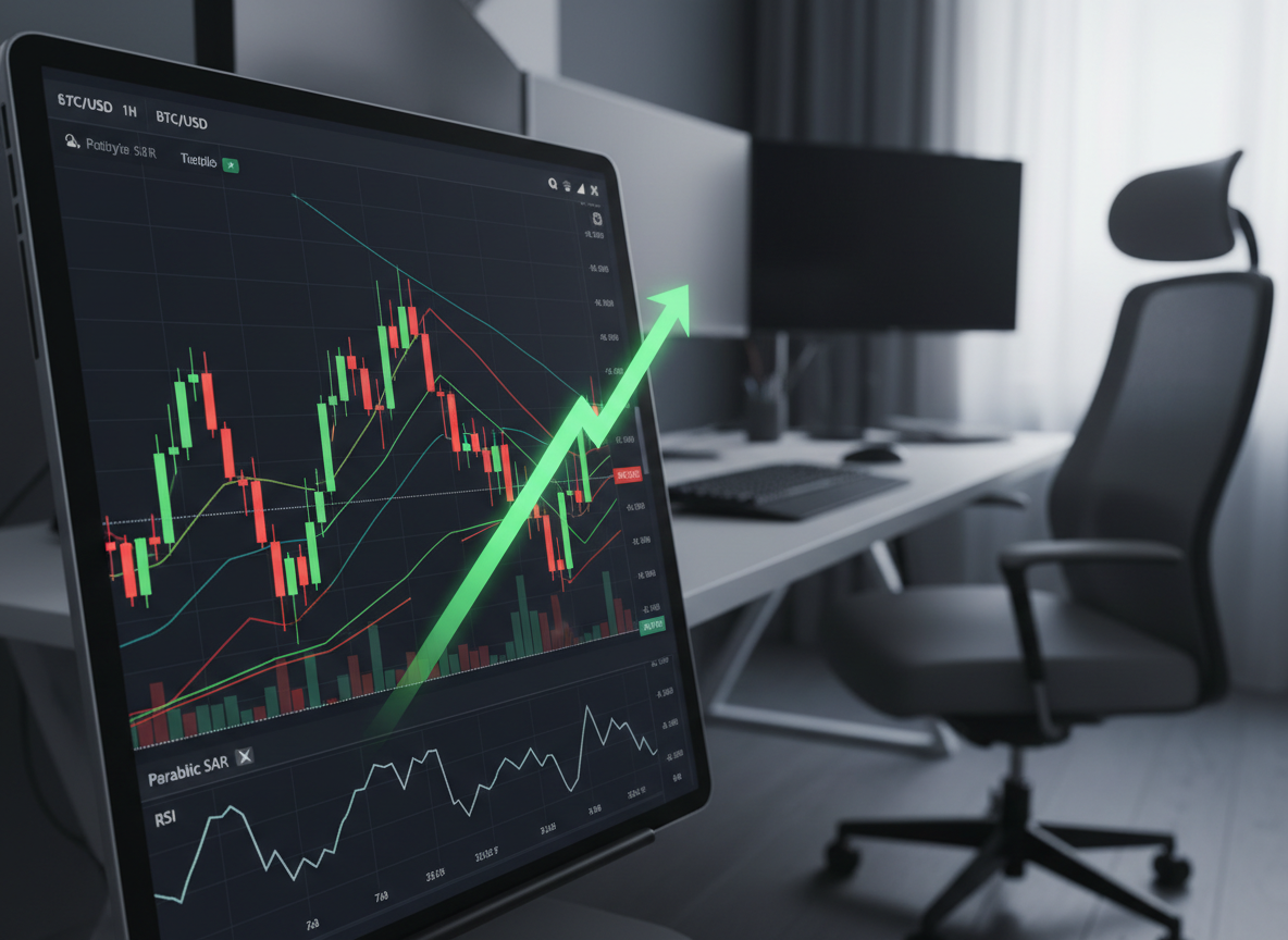 หน้าจอแสดงผลการวิเคราะห์ทางเทคนิคของราคา Bitcoin เป็นขาขึ้น