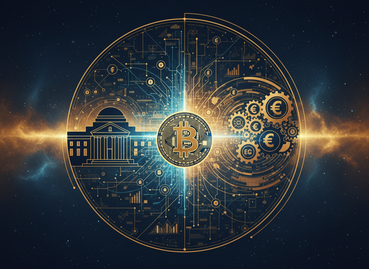 ภาพกราฟิกจำลองความเชื่อมโยงระหว่าง Bitcoin และนโยบายเศรษฐกิจโลก