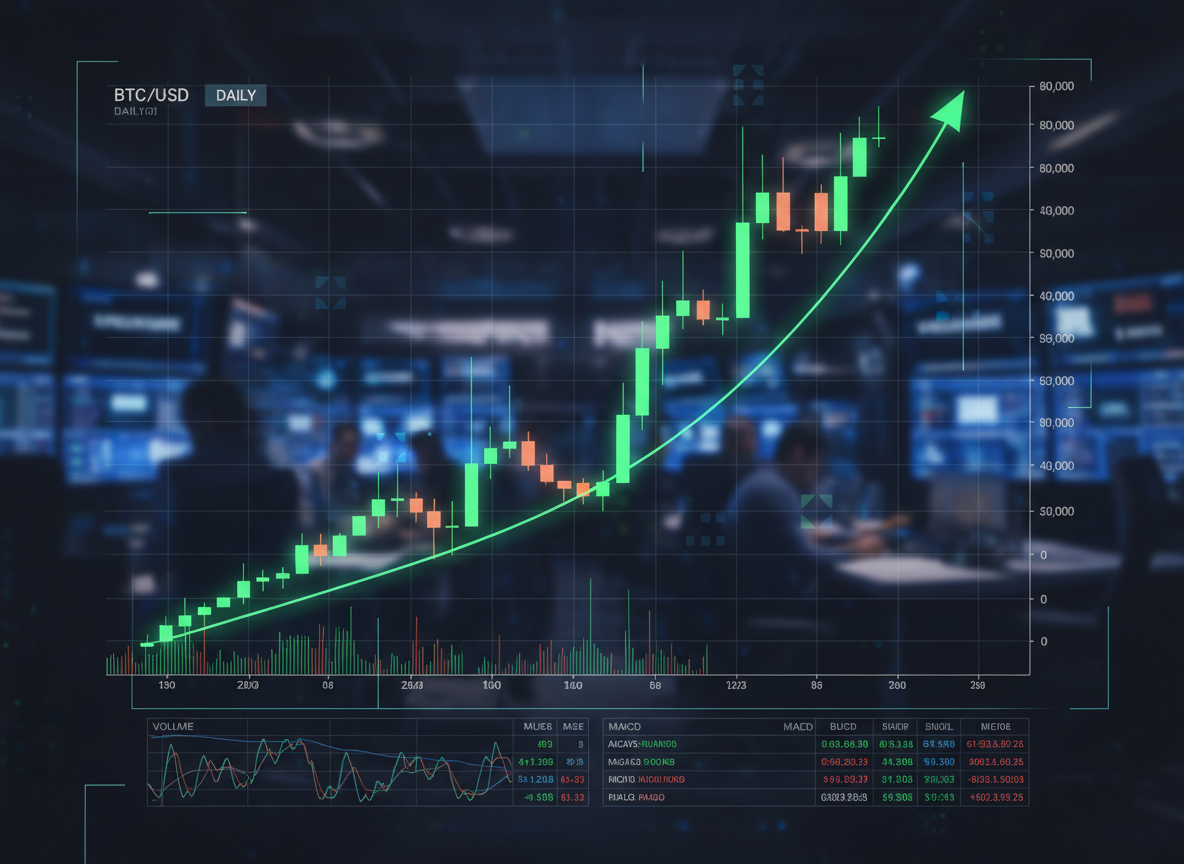 กราฟราคา Bitcoin พุ่งสูงขึ้นในหน้าจอเทรดดิ้งระดับมืออาชีพ