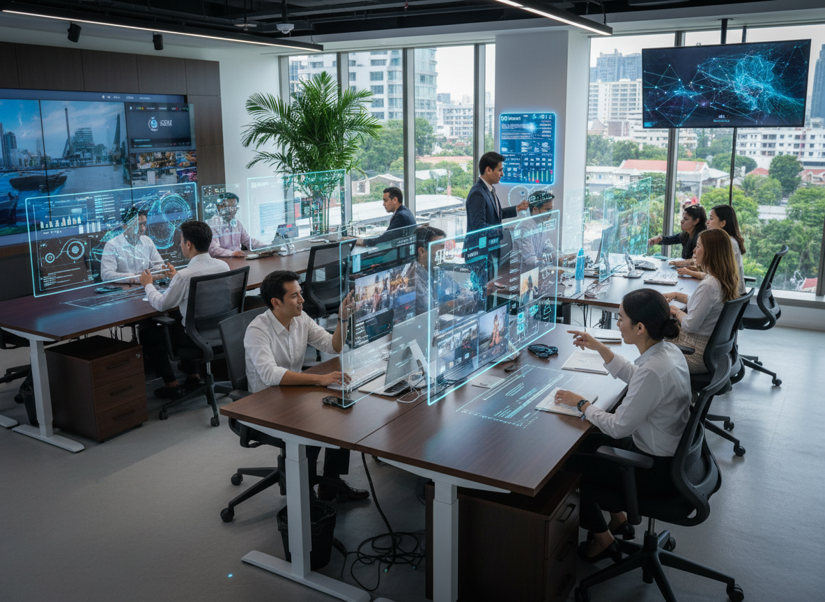 คนทำงานไทยใช้เทคโนโลยี AI ในการทำงานร่วมกันในออฟฟิศทันสมัย