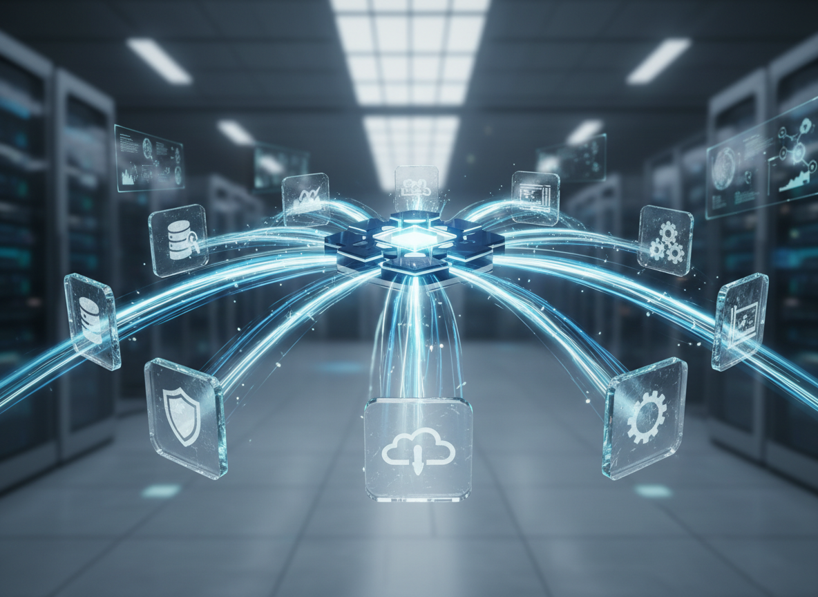 ภาพประกอบแนวคิดชั้นตัวกลาง หรือ Middleware ที่เชื่อมต่อระบบ AI Agents เข้ากับโครงสร้างข้อมูลองค์กร