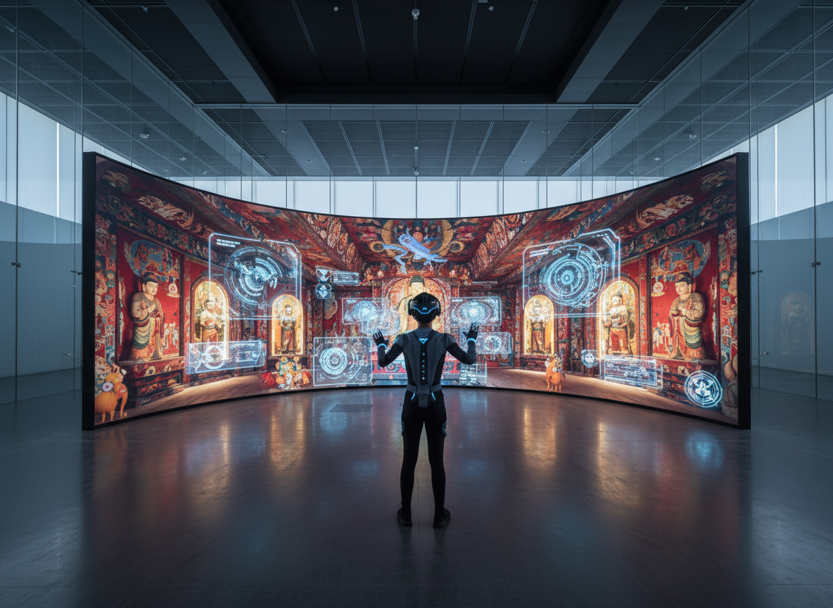 ภาพผู้ใช้งาน VR สัมผัสประสบการณ์นิทรรศการเสมือนจริงของถ้ำตุนหวง