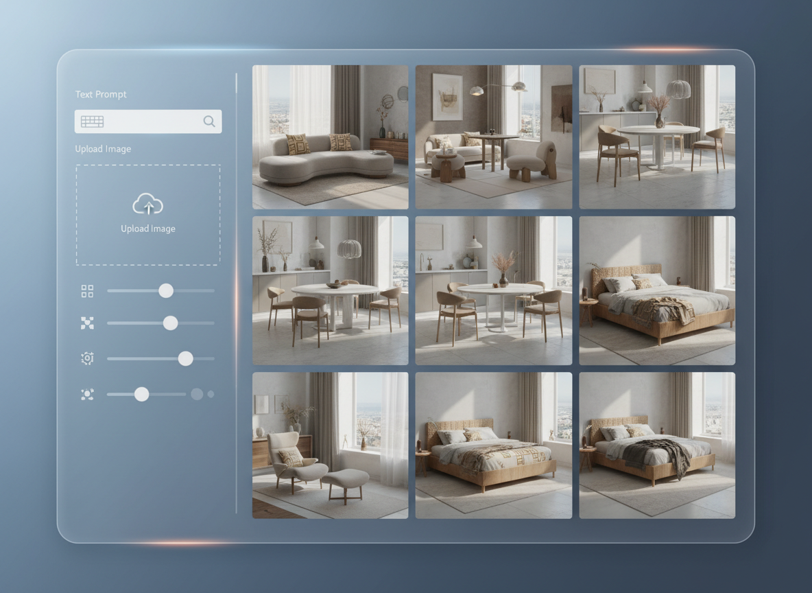 ภาพหน้าจอแพลตฟอร์ม AI สร้างภาพสำหรับเฟอร์นิเจอร์ แสดงอินเทอร์เฟซการใช้งานและการแสดงผลภาพ