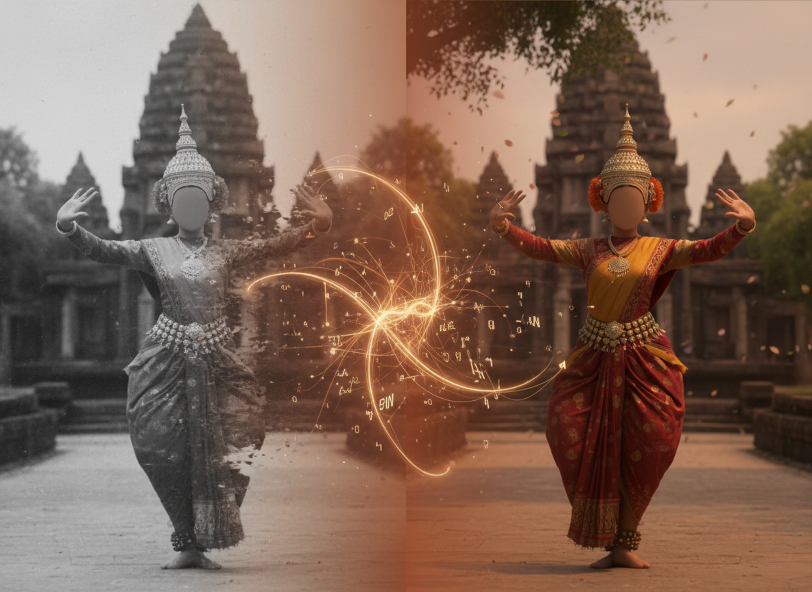 ภาพแนวคิดแสดงภาพถ่ายโนราขาวดำที่เปลี่ยนเป็นภาพเคลื่อนไหวสีสันสดใสด้วย AI