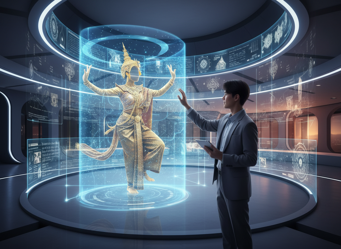ภาพนักเรียนกำลังเรียนรู้ท่ารำโนราจากภาพฉายโฮโลแกรมที่สร้างโดย AI
