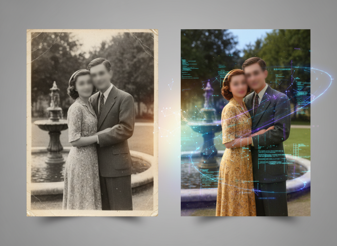 ภาพเปรียบเทียบระหว่างภาพถ่ายเก่ากับภาพที่ AI ฟื้นฟูและสร้างขึ้นใหม่