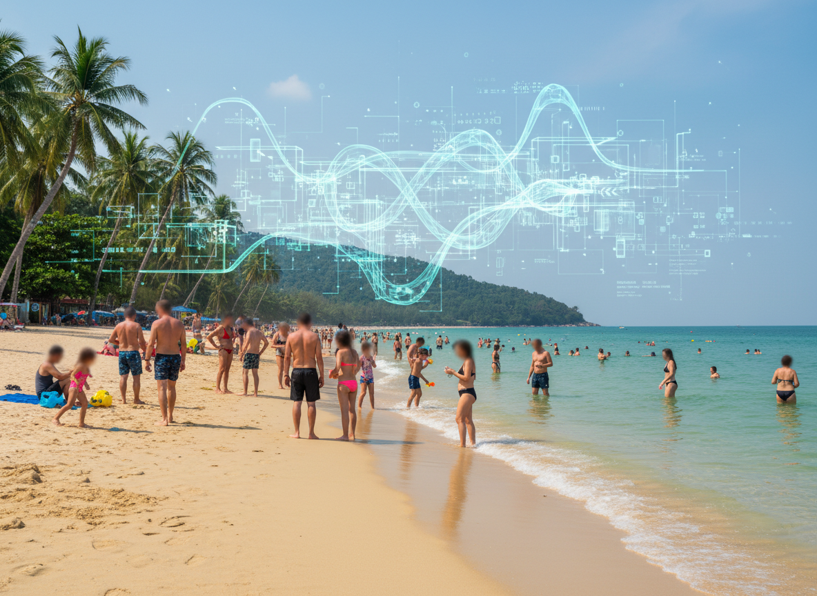 ภาพนักท่องเที่ยวพักผ่อนบนชายหาดภูเก็ตภายใต้การดูแลของระบบ AI