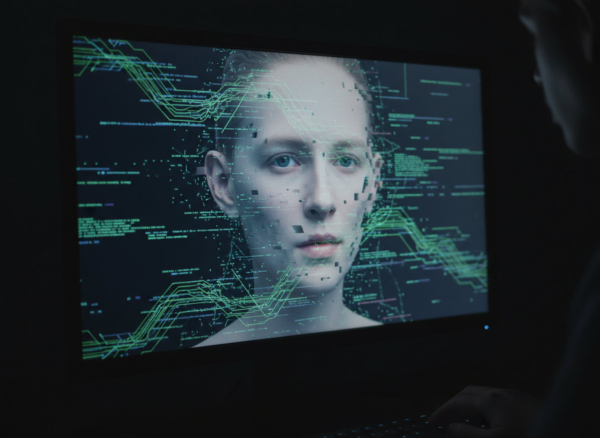 ภาพแนวคิดแสดงการบิดเบือนใบหน้าด้วยเทคโนโลยีดิจิทัล สื่อถึงการสร้าง Deepfake